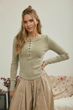 Washed Long Sleeve Ribbed Henley Knit Top (Light Olive)