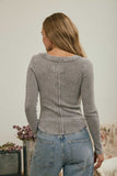 Washed Long Sleeve Ribbed Henley Knit Top (Charcoal)