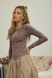 Washed Long Sleeve Ribbed Henley Knit Top (Cocoa)