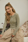 Washed Long Sleeve Ribbed Henley Knit Top (Light Olive)
