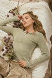 Washed Long Sleeve Ribbed Henley Knit Top (Light Olive)