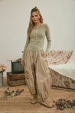 Washed Long Sleeve Ribbed Henley Knit Top (Light Olive)