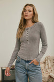 Washed Long Sleeve Ribbed Henley Knit Top (Charcoal)