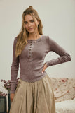 Washed Long Sleeve Ribbed Henley Knit Top (Cocoa)