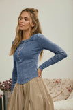 Washed Long Sleeve Ribbed Henley Knit Top (Vintage Blue)