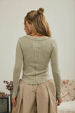 Washed Long Sleeve Ribbed Henley Knit Top (Light Olive)