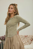 Washed Long Sleeve Ribbed Henley Knit Top (Light Olive)