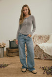 Washed Long Sleeve Ribbed Henley Knit Top (Charcoal)