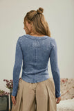 Washed Long Sleeve Ribbed Henley Knit Top (Vintage Blue)