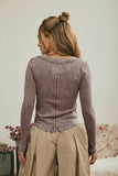 Washed Long Sleeve Ribbed Henley Knit Top (Cocoa)