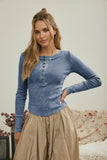 Washed Long Sleeve Ribbed Henley Knit Top (Vintage Blue)