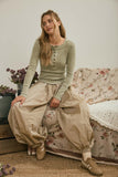 Washed Long Sleeve Ribbed Henley Knit Top (Light Olive)
