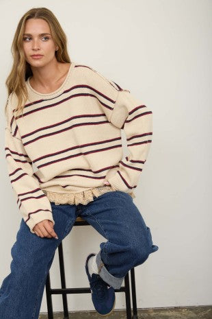 Exposed Seam Striped Round Neck Pullover (Ivory Multi)