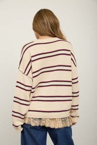 Exposed Seam Striped Round Neck Pullover (Ivory Multi)