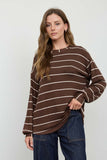 Stripe Long Sleeve Cuffed Relaxed Knit Top (Chocolate Brown)