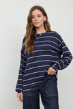 Stripe Long Sleeve Cuffed Relaxed Knit Top (Navy)