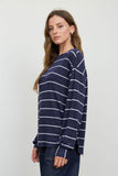 Stripe Long Sleeve Cuffed Relaxed Knit Top (Navy)