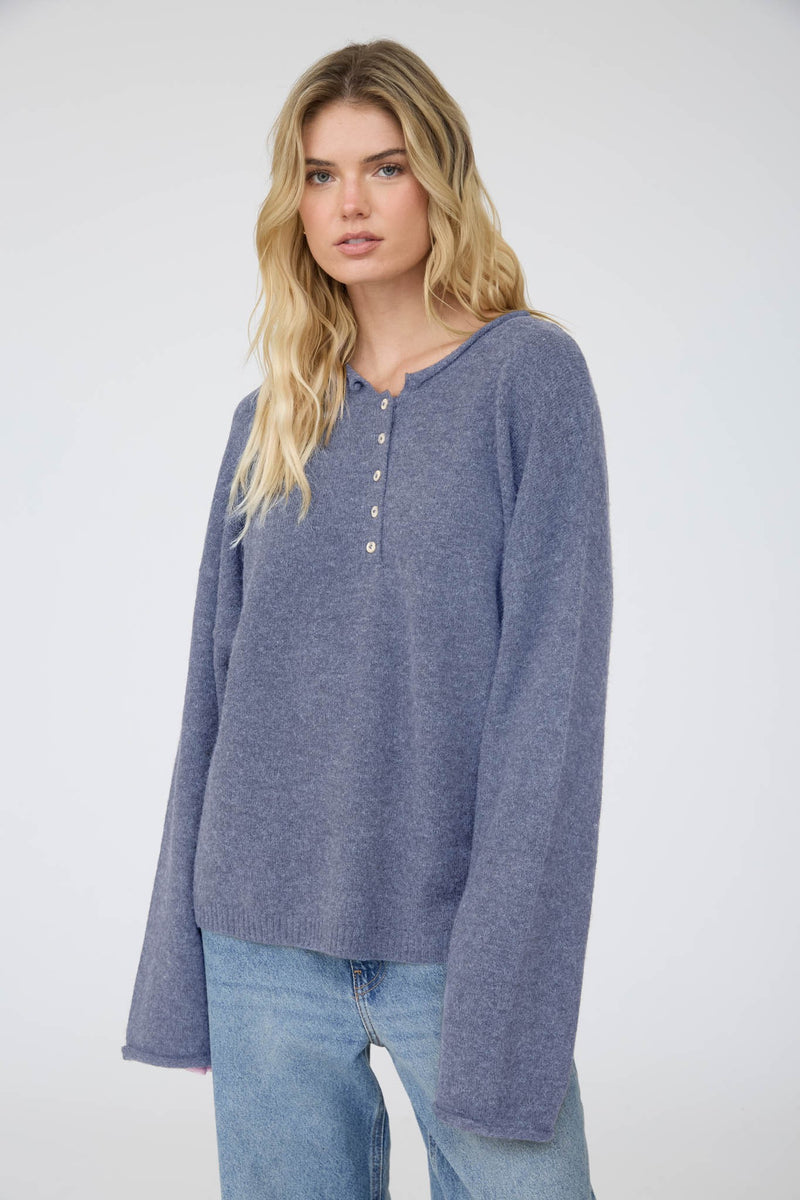 Raw Rolled Edge Henley Relaxed Pullover Sweater (Denim)