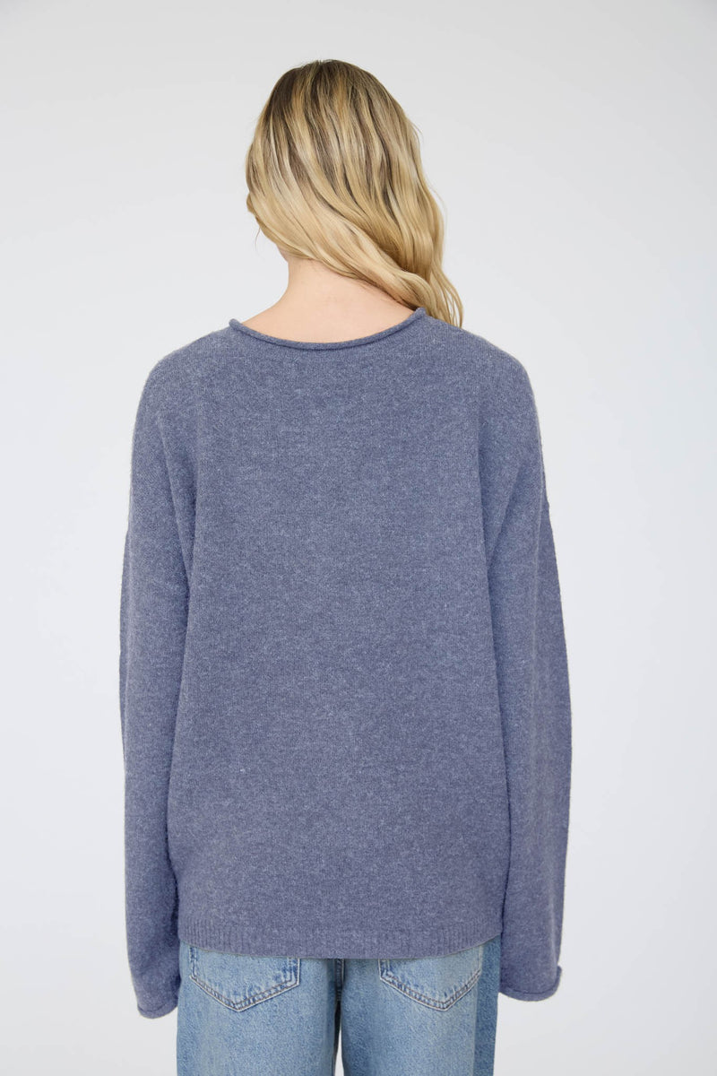 Raw Rolled Edge Henley Relaxed Pullover Sweater (Denim)