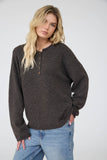 Raw Rolled Edge Henley Relaxed Pullover Sweater (Deep Brown)