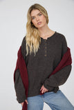 Raw Rolled Edge Henley Relaxed Pullover Sweater (Deep Brown)