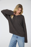 Raw Rolled Edge Henley Relaxed Pullover Sweater (Deep Brown)