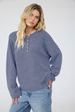 Raw Rolled Edge Henley Relaxed Pullover Sweater (Denim)