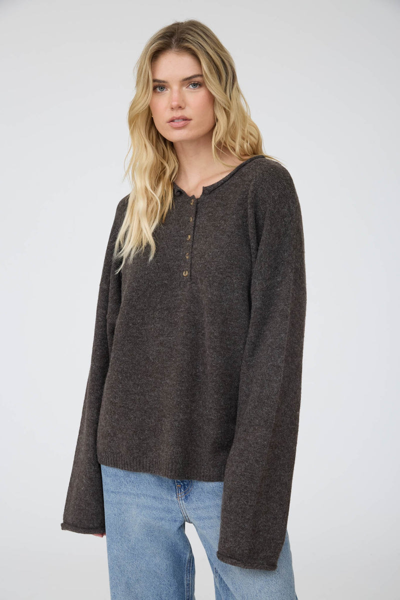 Raw Rolled Edge Henley Relaxed Pullover Sweater (Deep Brown)