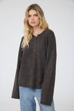 Raw Rolled Edge Henley Relaxed Pullover Sweater (Deep Brown)
