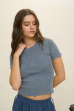 Washed Ribbed Short Sleeve Cropped Knit Tee (Slate Blue)