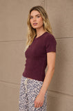 Washed Ribbed Short Sleeve Cropped Knit Tee (Maroon)