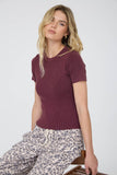 Washed Ribbed Short Sleeve Cropped Knit Tee (Maroon)