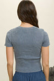 Washed Ribbed Short Sleeve Cropped Knit Tee (Slate Blue)