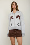 Western Jacquard Collared Zip-up Knit Cardigan (Heather Grey Multi)