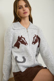 Western Jacquard Collared Zip-up Knit Cardigan (Heather Grey Multi)