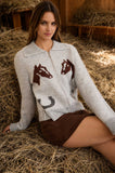 Western Jacquard Collared Zip-up Knit Cardigan (Heather Grey Multi)