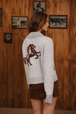 Western Jacquard Collared Zip-up Knit Cardigan (Heather Grey Multi)