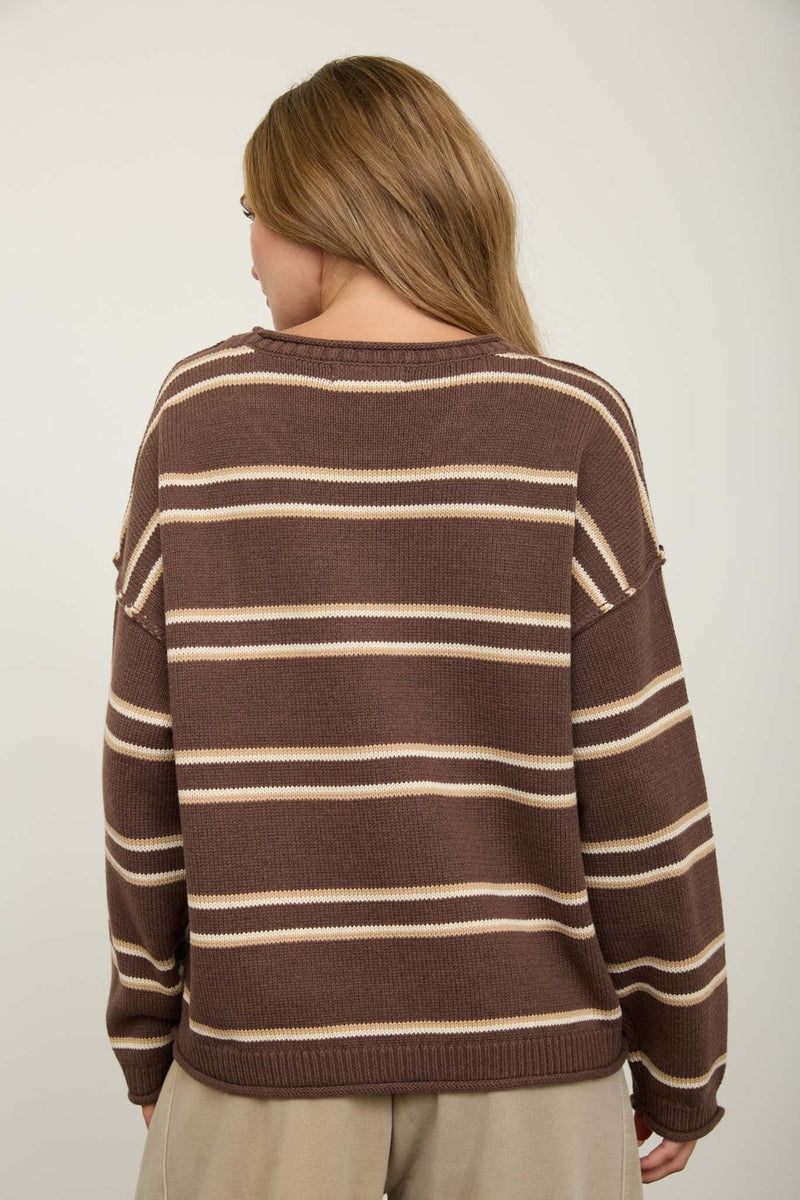 Exposed Seam Striped Round Neck Pullover (Brown Multi)