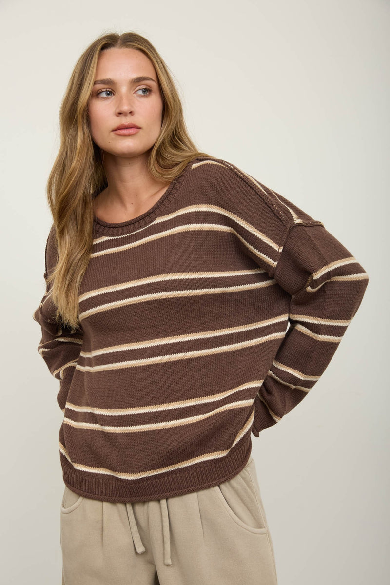Exposed Seam Striped Round Neck Pullover (Brown Multi)