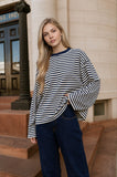 Striped Contrast Crew Neck Long Sleeve Knit Top (Navy Multi)