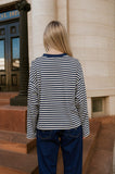 Striped Contrast Crew Neck Long Sleeve Knit Top (Navy Multi)