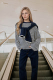 Striped Contrast Crew Neck Long Sleeve Knit Top (Navy Multi)
