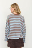 Striped Contrast Crew Neck Long Sleeve Knit Top (Blue Multi)