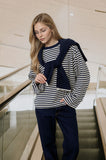 Striped Contrast Crew Neck Long Sleeve Knit Top (Navy Multi)