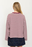 Striped Contrast Crew Neck Long Sleeve Knit Top (Burgundy Multi)