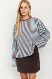 Striped Contrast Crew Neck Long Sleeve Knit Top (Blue Multi)