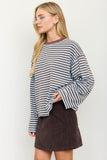 Striped Contrast Crew Neck Long Sleeve Knit Top (Blue Multi)