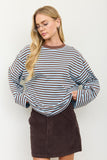 Striped Contrast Crew Neck Long Sleeve Knit Top (Blue Multi)