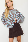 Striped Contrast Crew Neck Long Sleeve Knit Top (Blue Multi)