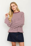Striped Contrast Crew Neck Long Sleeve Knit Top (Burgundy Multi)